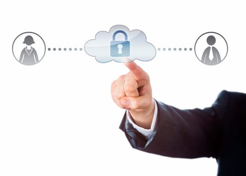 Arm in dark business suit reaching out to touch a locked cloud icon in the center of a network. The cloud is connecting to a female and a male office worker symbol on either side. Cutout on white.
