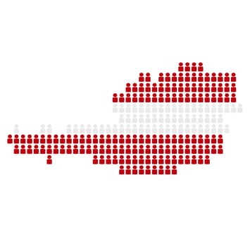 Map of Austria in national colors composed of small icons of people