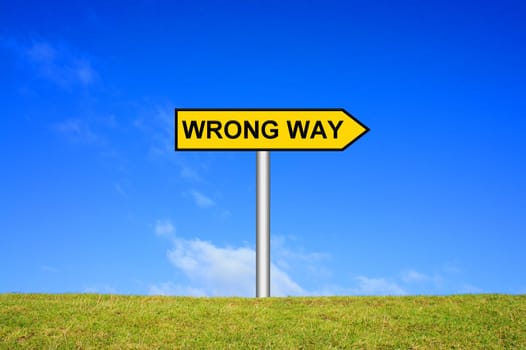Signpost on meadow in front of blue sky shows wrong way