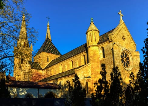 Protestant collegiate Church by sunset, Neuchatel, Switzerland
