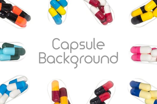 Drug or pill or capsule in test tube around center background. Background for hospital or clinic or health or medical design
