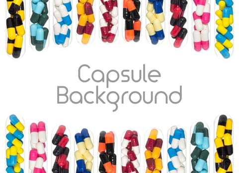 Drug or pill or capsule in test tube background on curve shape at top and bottom. Background for hospital or clinic or health or medical design