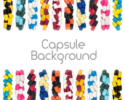 Drug or pill or capsule in test tube background on top and bottom. Background for hospital or clinic or health or medical design