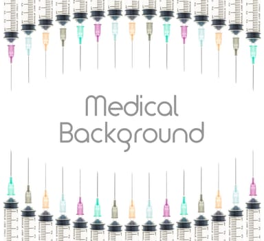 Five color needle or medical device isolated on white background on curve line at top and bottom. Medical background for hospital or clinic or health design.
