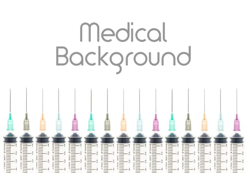 Five color needle or medical device isolated on white background at bottom horizontal view. Medical background for hospital or clinic or health design.