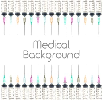 Five color needle or medical device isolated on white background on top and bottom at horizontal view. Medical background for hospital or clinic or health design.