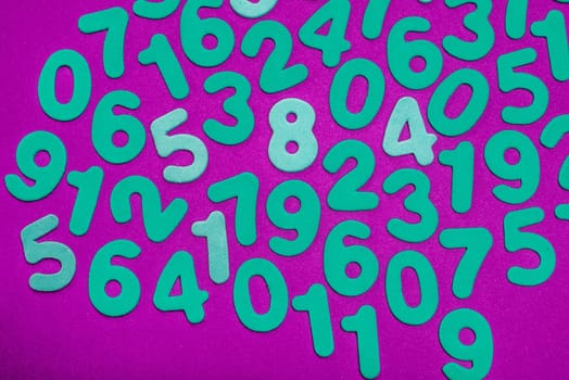 A mix of cyan numbers of single digits all on a magenta background.
