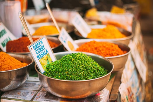 Canacona, Goa, India. Close View Of Coconut Green Masala, Bright Green Color Fragrant Seasoning, Condiment In Tray On Local Food Market, Bazaar.