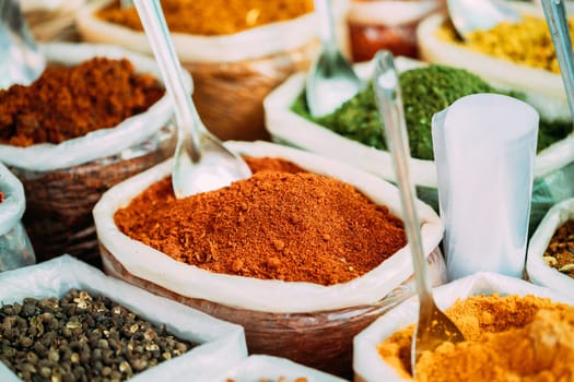 Close View Of Masala Curry, Bright Colors Fragrant Seasoning, Condiment In Bags On Local Food Market, Bazaar.