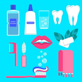 Set of oral care products. Toothpaste, toothbrush and lotion, dental floss, chewing gum. Flat vector cartoon illustration. Prevention of diseases of oral cavity. Objects isolated on blue background.