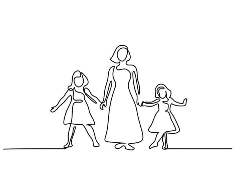 Continuous line drawing. Happy woman mother with two her daughters. Vector illustration