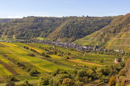 Moselle River in Germany, view of Bremm village in the Mosel river valley, Germany