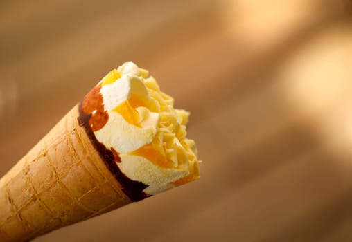Close up of an ice cream cone, a waffle ice cream cone.