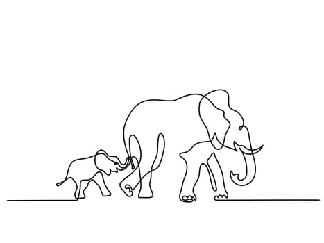 Continuous different wide line drawing. Elephant mom with baby walking symbol. Logo of the elephant. Vector illustration