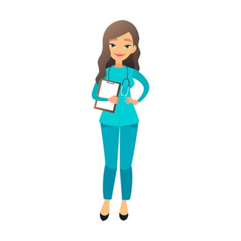 Cute nurse flat cartoon illustration. Beautiful young female medical doctor. Female nurse, hospital worker in blue uniform