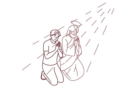 Religious young man kneel near Jesus Christ praying with hands together. Male believer pray for good life. Religion and faith. Vector illustration.