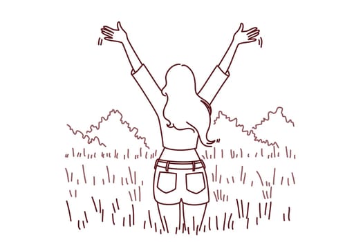 Back view of woman stand in field with hands raised excited with good day. Overjoyed girl enjoy mental health and recovery. Vector illustration.