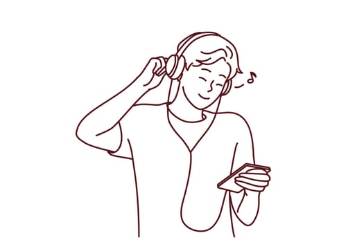 Smiling young man in headphones listen to music on cellphone. Happy millennial guy in earphones enjoy good quality sound on smartphone. Vector illustration.