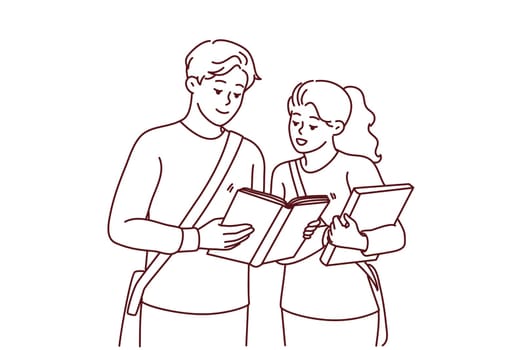 Happy students with book get ready for school exam or lesson. Smiling millennial people with textbooks before class in college. Vector illustration.
