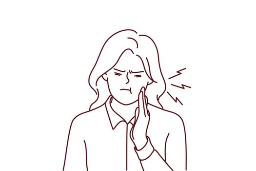 Unhappy woman touch cheek suffer from toothache have decay or caries. Unwell girl struggle with painful feeling having dental ache. Oral care concept. Vector illustration.
