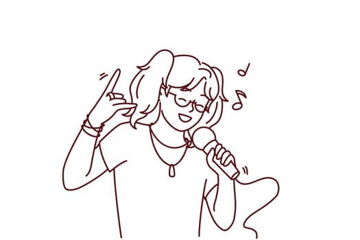Happy girl have fun singing in microphone in karaoke. Smiling child enjoy leisure time sing song in mic in club. Entertainment and hobby. Vector illustration.