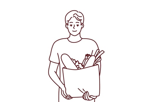 Portrait of smiling young man with bag with groceries. Happy guy holding package with goods and products. Shopping and nutrition. Vector illustration.