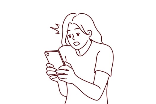 Amazed young woman look at cellphone screen shocked by unbelievable message online. Stunned girl surprised with news online on smartphone. Vector illustration.