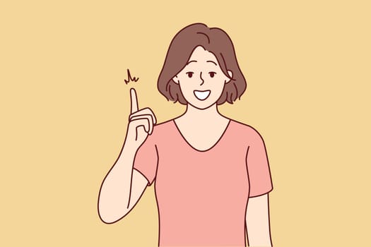 Smiling woman point up with finger
