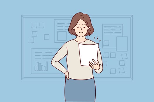 Smiling businesswoman holding paper work stand near board making presentation. Happy female boss present business project in office. Vector illustration.