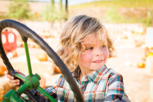 Little Boy Having Fun In A Tractor in a Rustic Ranch Setting at the Pumpkin Patch.