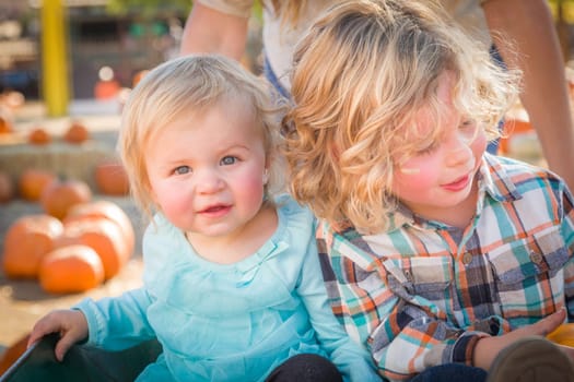 Sweet Little Boy Plays with His Baby Sister in a Rustic Ranch Setting at the Pumpkin Patch.