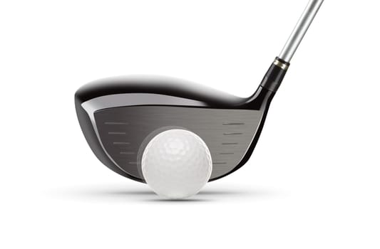 Wood Driver Golf Club and Golf Ball on White Background.