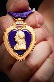 Male Hand Holding the Armed Forces Purple Heart Metal.