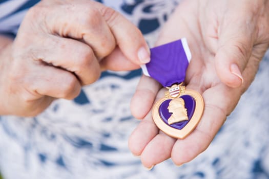 Senior Woman Holding The Military Purple Heart Medal In Her Hands.