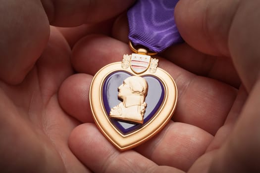 Male Hand Holding the Armed Forces Purple Heart Metal.