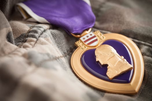 Military Purple Heart Metal Resting On Camouflage Fatigues.