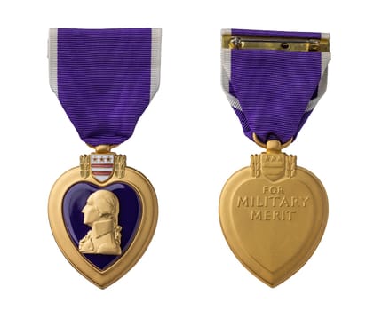 Front and Back of Purple Heart Military Merit Medal Against White Background
