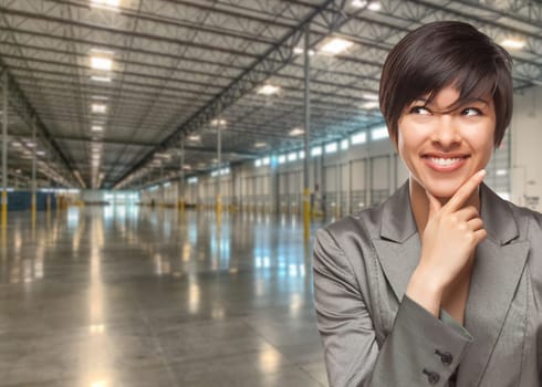 Thinking Mixed Race Businesswoman Standing in Empty Industrial Warehouse.