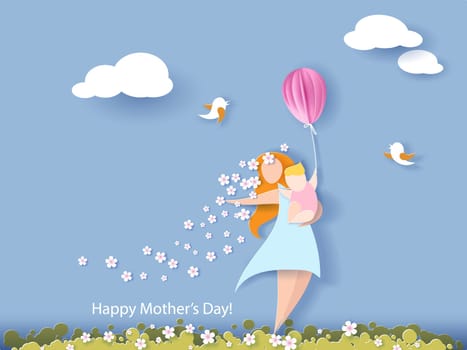 Beautiful women with her children. Happy mothers day card. Paper cut style. Vector illustration