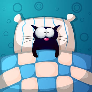 Cartoon cat sleep illustration. Room, bed, pillow Vector eps 10