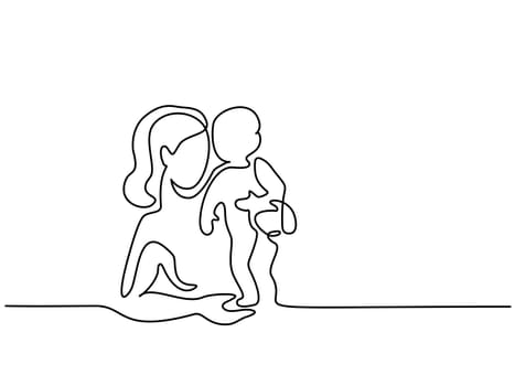 Logo with mother holding her baby. Continuous line drawing vector illustration. Concept for logo, card, banner, poster, flyer