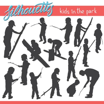 Vector silhouettes of kids and children. Kids in the park