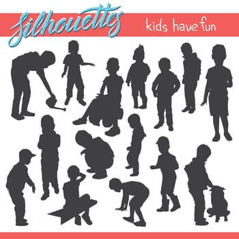 Vector silhouettes of kids and children. Kids in the park