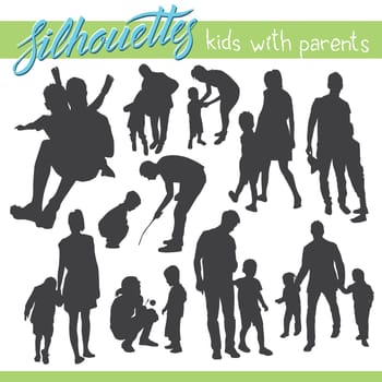Vector silhouettes of kids and children. Kids with parents. Happy family