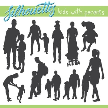 Vector silhouettes of kids and children. Kids with parents. Happy family