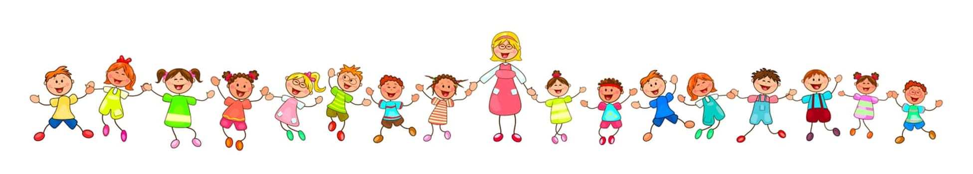 Joyful little children and a teacher. A group of children with a teacher on a walk. Group of cheerful, smiling children on a white background. Cartoon joyful children. Group of happy, smiling children.