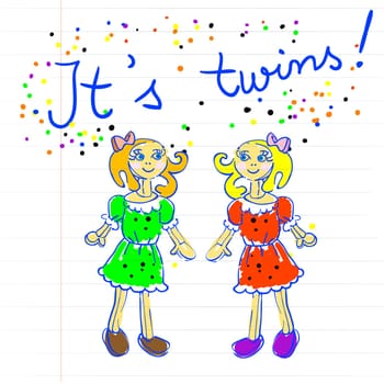 baby arrival childlike marker drawing of two little girls on a piece of paper. It's twins
