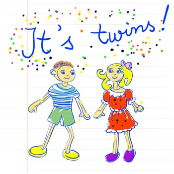 baby arrival childlike marker drawing of a little boy and a little girl on a piece of paper. It's twins