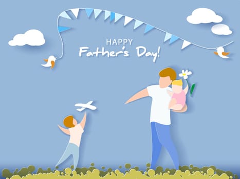 Handsome man with his children. Happy fathers day card. Paper cut style. Vector illustration