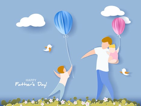 Handsome man with his children and color balloons. Happy fathers day card. Paper cut style. Vector illustration